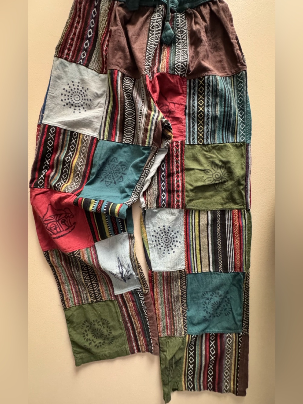 Kathmandu Patchwork Boho Men's Pants in Green, Teal, Red, Olive, Cream
